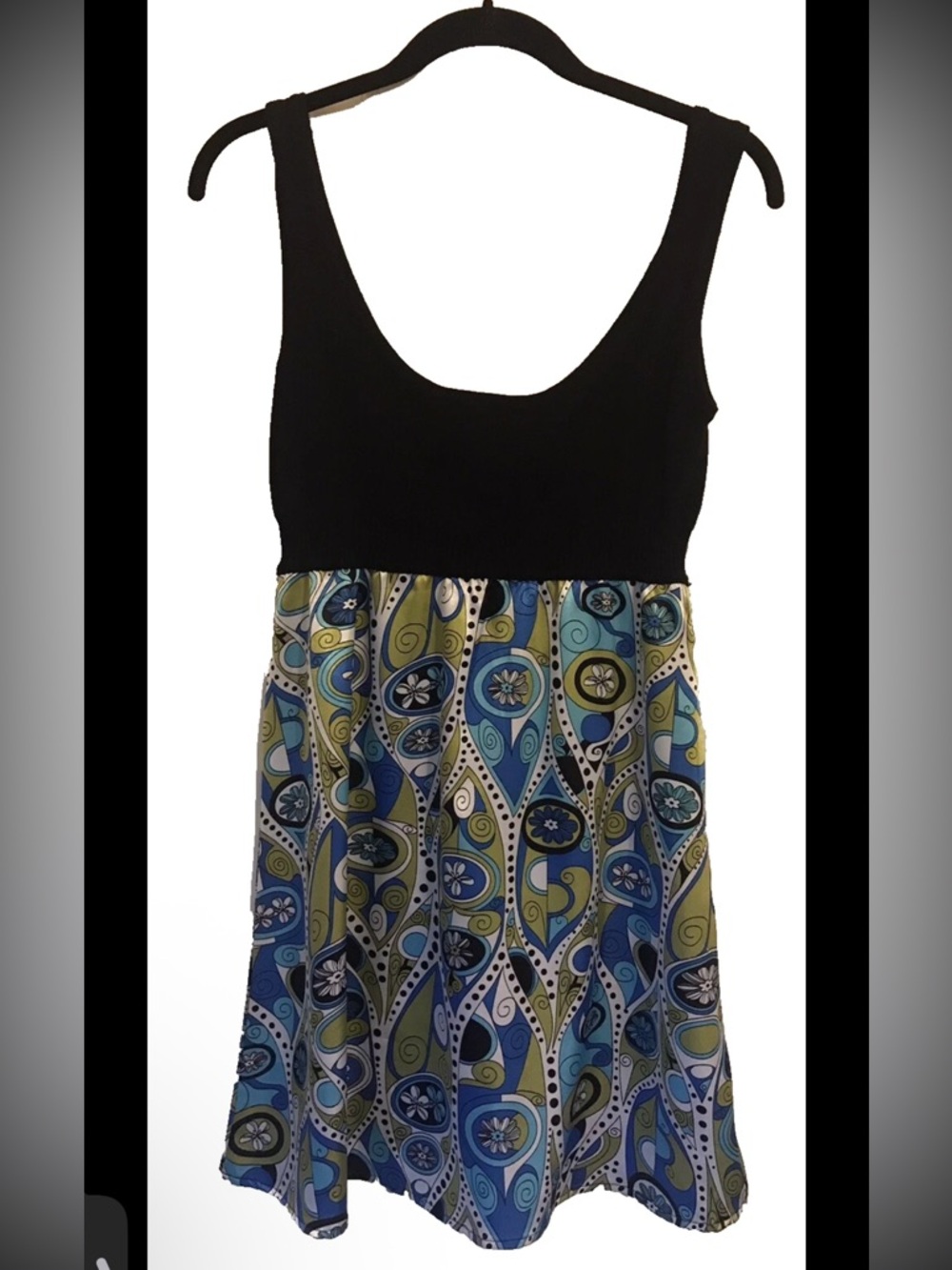 Say What? Black Knit Tank Tunic Size M Blue Green Print Trim Top
